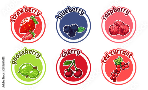 Six stickers with different berries. Cherry, strawberry, currant, blueberry and gooseberry.