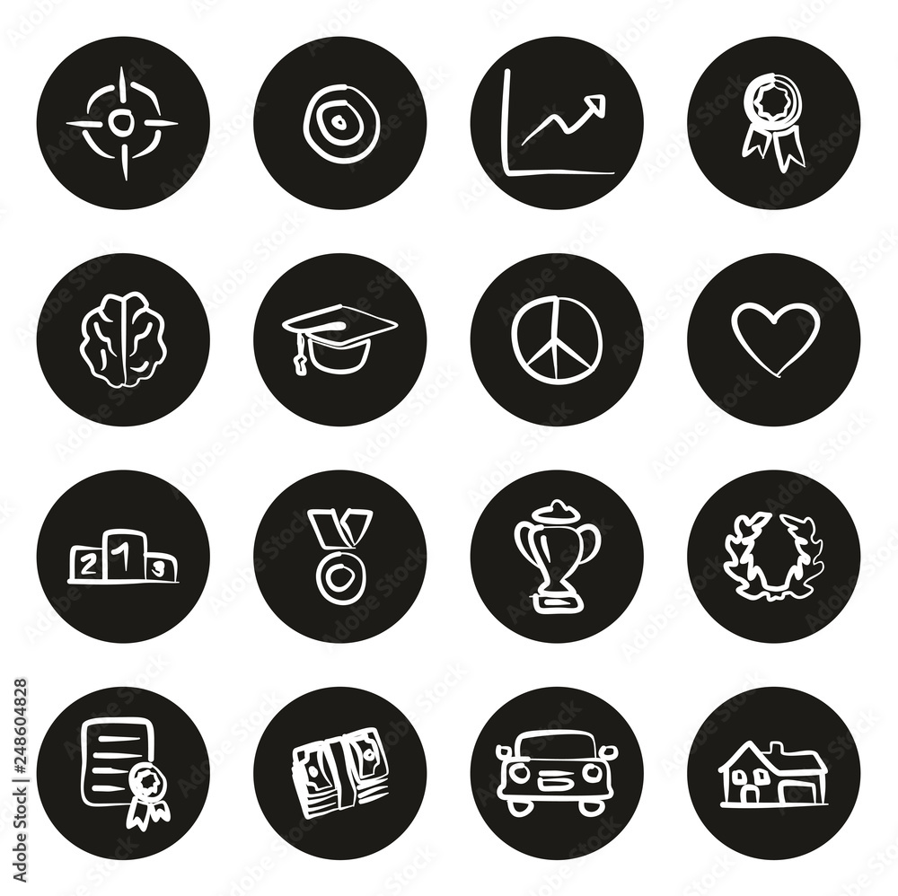 Goal or Aspiration Icons Freehand White On Black Circle Goal or Aspiration Icons Freehand White On Black Circle