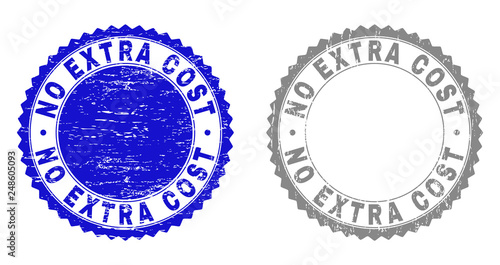 Grunge NO EXTRA COST stamp seals isolated on a white background. Rosette seals with grunge texture in blue and grey colors. Vector rubber stamp imprint of NO EXTRA COST text inside round rosette.