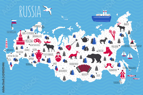 Russia cartoon travel vector map, landmark Kremlin palace, Moscow, russian symbol, matryoshka, samovar, balalaika, felt boots, wild animals and other, decorative poster flat style for design tourism