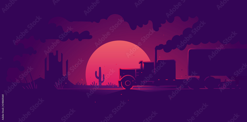American Truck on a road with sunset on the background illustration. Vector. 