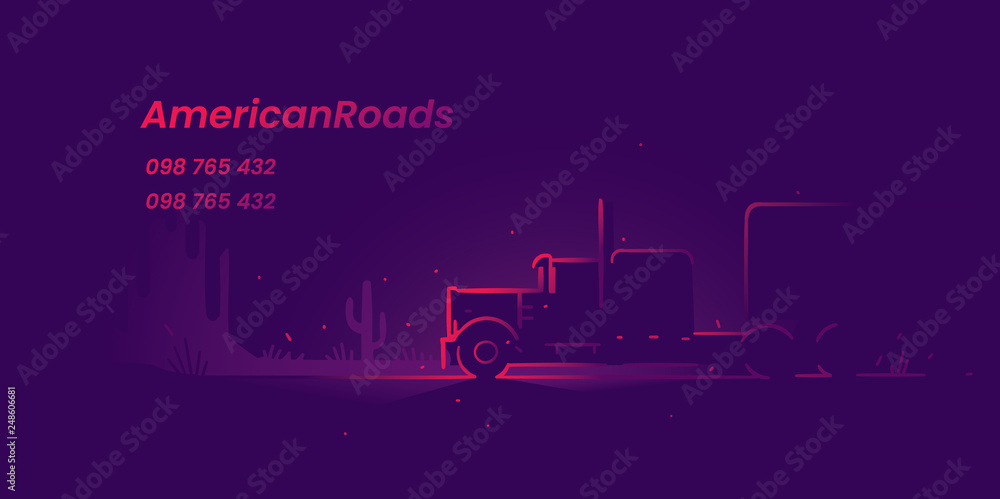 American Truck neon style outline  illustration. Business card/flyer/banner template. Vector. 