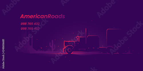 American Truck neon style outline  illustration. Business card/flyer/banner template. Vector. 