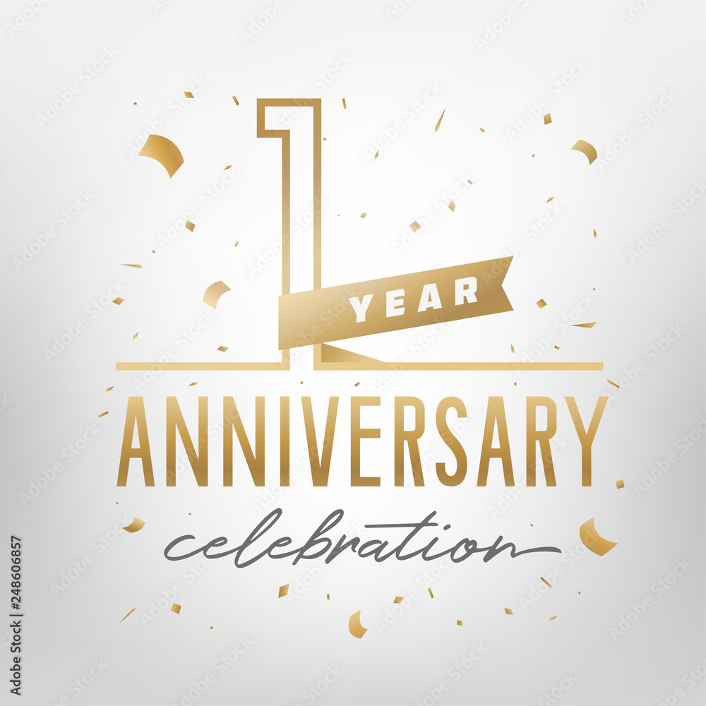 Obraz premium First anniversary celebration golden template. Vector illustration.