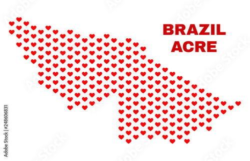 Mosaic Acre State map of love hearts in red color isolated on a white background. Regular red heart pattern in shape of Acre State map. Abstract design for Valentine illustrations.