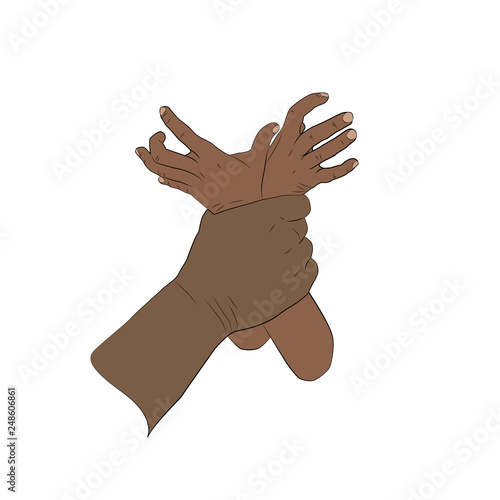 Violence against children. Flat design vector illustration. Black, dark skinned man's hand holding kid's hands. White background.