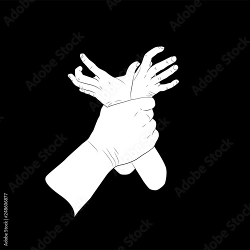 Violence against children. Thin line design vector illustration. Man's hand holding kid's hands. Black background.