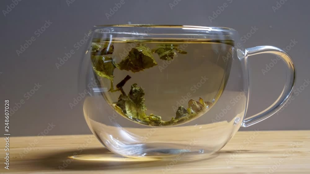 Green tea is infused in a glass Cup with a double bottom. Time lapse video Green tea is infused in a glass Cup with a double bottom. Time lapse video