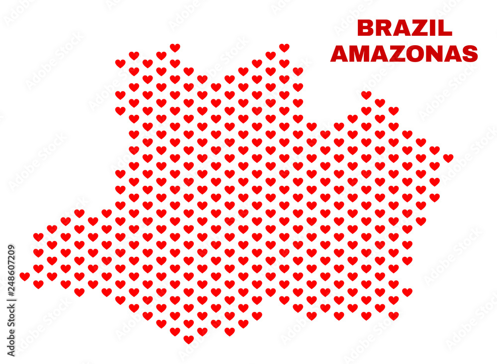 Mosaic Amazonas State map of heart hearts in red color isolated on a white background. Regular red heart pattern in shape of Amazonas State map. Abstract design for Valentine illustrations.