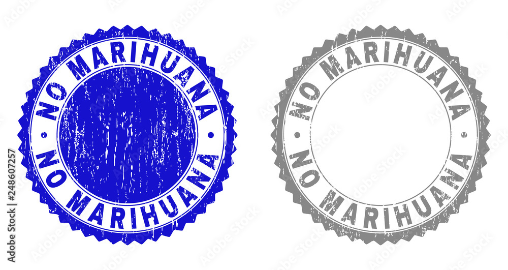 Grunge NO MARIHUANA stamp seals isolated on a white background. Rosette seals with distress texture in blue and grey colors. Vector rubber stamp imitation of NO MARIHUANA text inside round rosette. Grunge NO MARIHUANA stamp seals isolated on a white background. Rosette seals with distress texture in blue and grey colors. Vector rubber stamp imitation of NO MARIHUANA text inside round rosette.