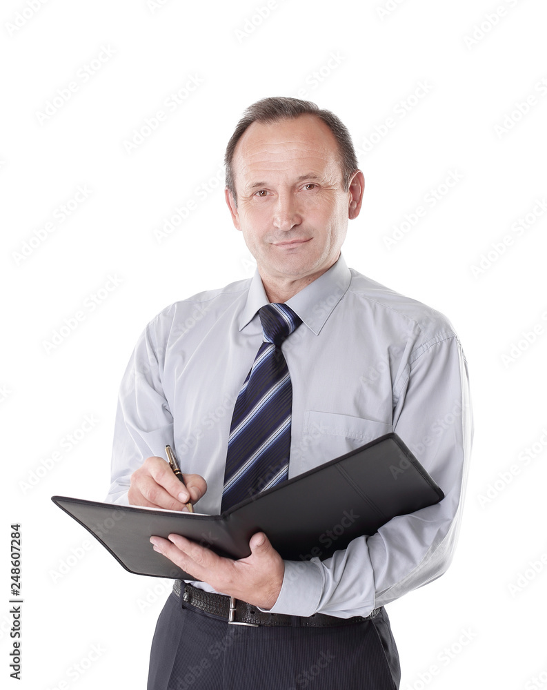 confident businessman with clipboard. isolated on white