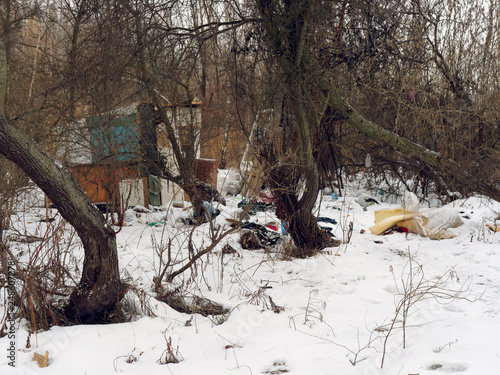 GOMEL, BELARUS. The home of the homeless in the winter in the bush suburbs. © makam1969