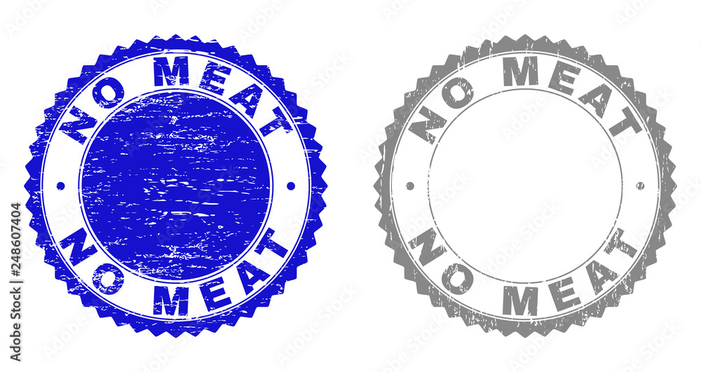 Grunge NO MEAT stamp seals isolated on a white background. Rosette seals with distress texture in blue and gray colors. Vector rubber watermark of NO MEAT label inside round rosette. Grunge NO MEAT stamp seals isolated on a white background. Rosette seals with distress texture in blue and gray colors. Vector rubber watermark of NO MEAT label inside round rosette.