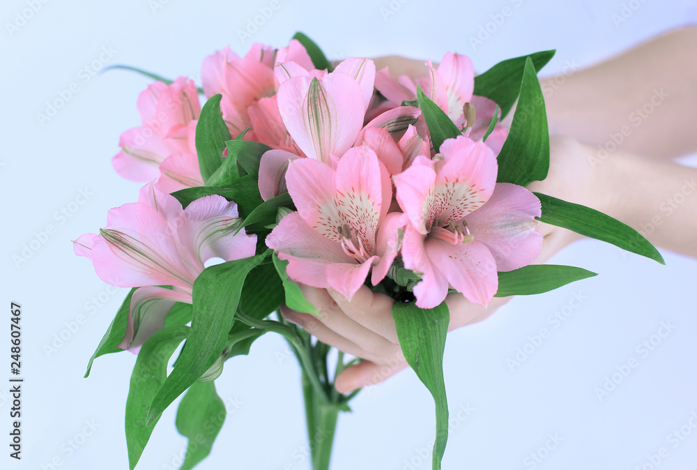 bouquet of flowers in female hands isolated on a light backgrou bouquet of flowers in female hands isolated on a light backgrou