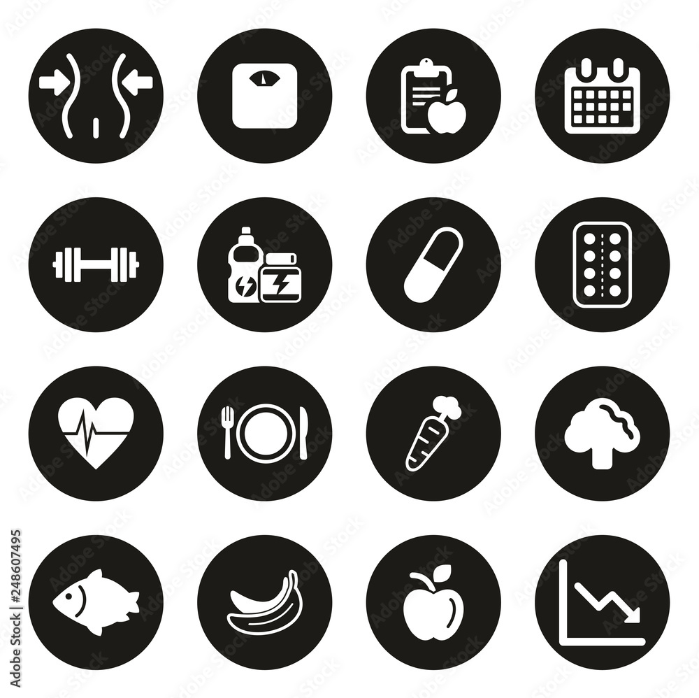 Diet or Weight Watch Icons White On Black Circle