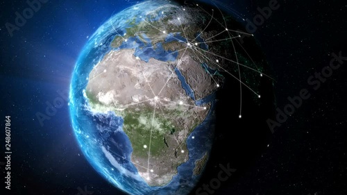 3D Rendering globe with network line spinning and orbit in the universe with lighting effect and dark grain processed world map image source from NASA 