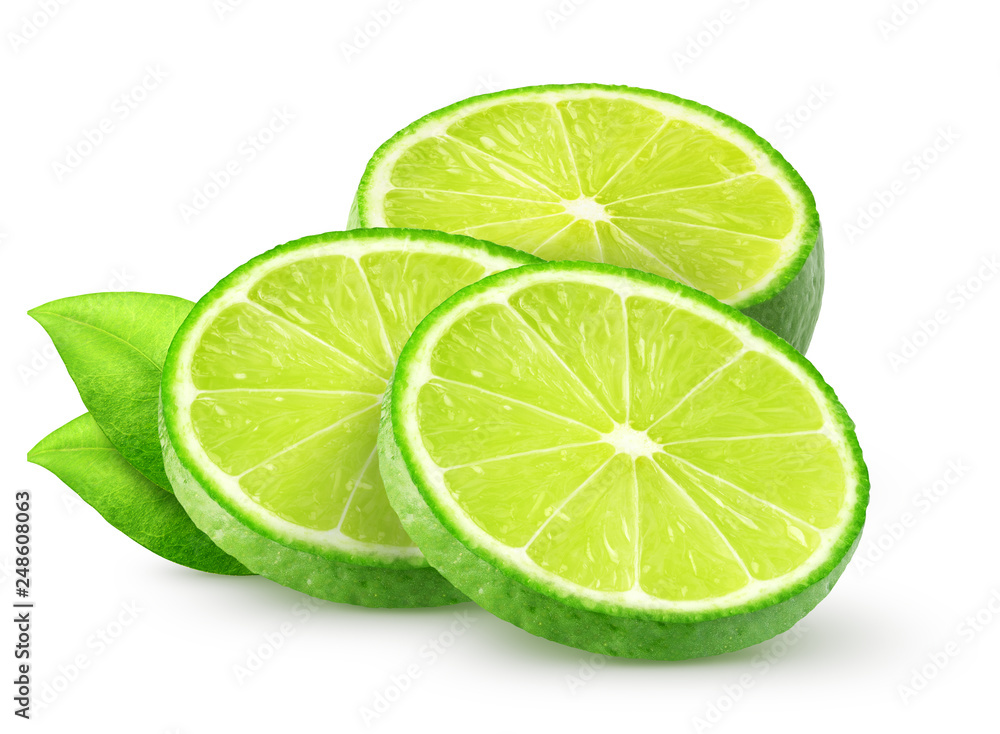 Isolated lime slices. Sliced lime fruit with leaves isolated of white background with clipping path Isolated lime slices. Sliced lime fruit with leaves isolated of white background with clipping path