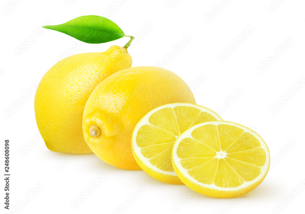 Isolated lemons. Two whole lemon fruit and slices with leaves isolated on white with clipping path Isolated lemons. Two whole lemon fruit and slices with leaves isolated on white with clipping path