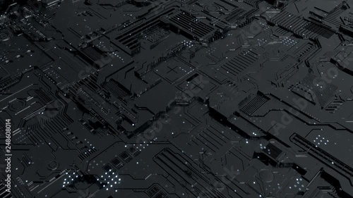 Black computer motherboard, digital technology background.