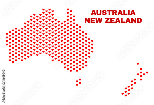 Mosaic Australia and New Zealand map of love hearts in red color isolated on a white background. Regular red heart pattern in shape of Australia and New Zealand map.