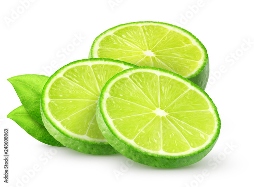 Isolated lime slices. Sliced lime fruit with leaves isolated of white background with clipping path