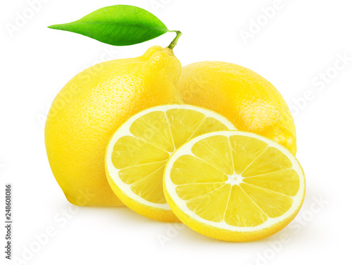 Isolated lemons. Two whole lemon fruits and slices isolated on white with clipping path