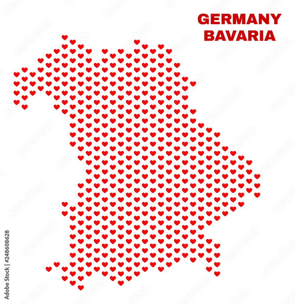 Mosaic Bavaria Land map of valentine hearts in red color isolated on a white background. Regular red heart pattern in shape of Bavaria Land map. Abstract design for Valentine illustrations.