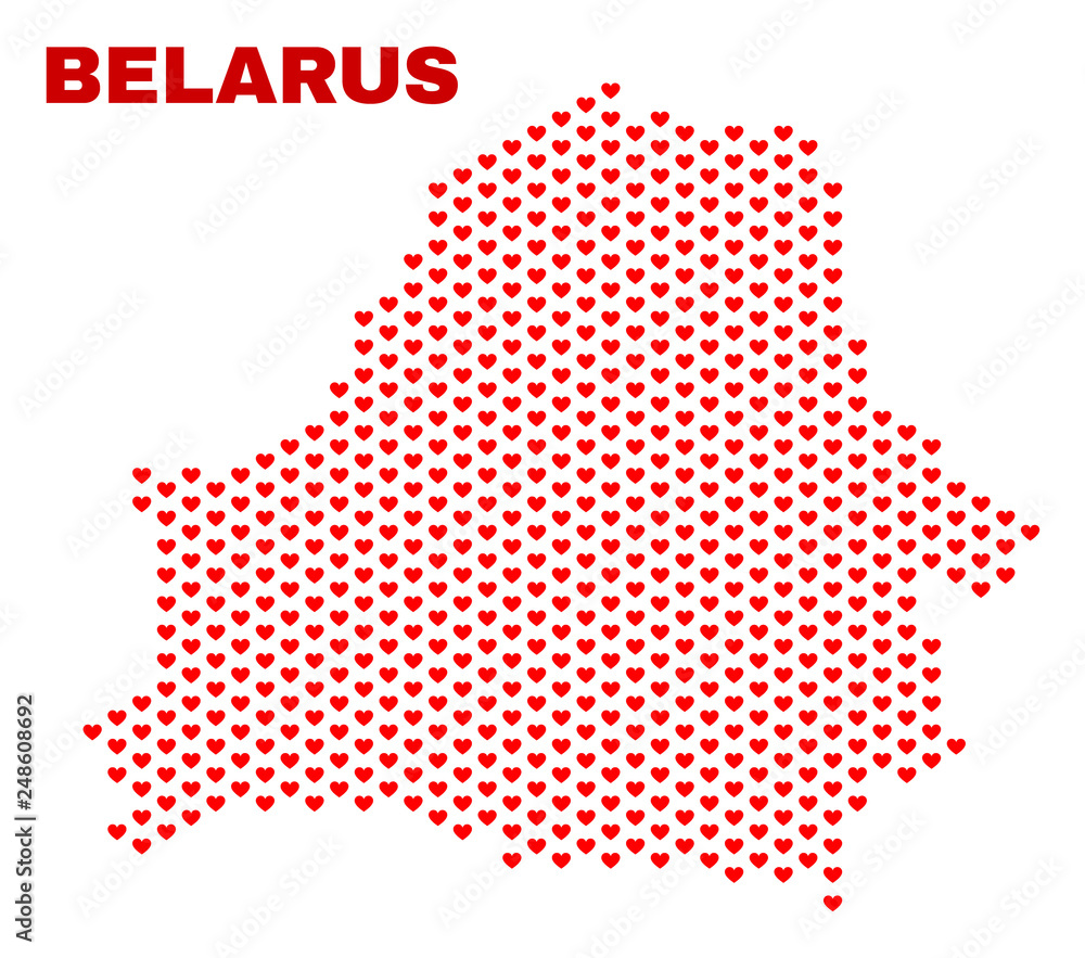 Mosaic Belarus map of heart hearts in red color isolated on a white background. Regular red heart pattern in shape of Belarus map. Abstract design for Valentine decoration.