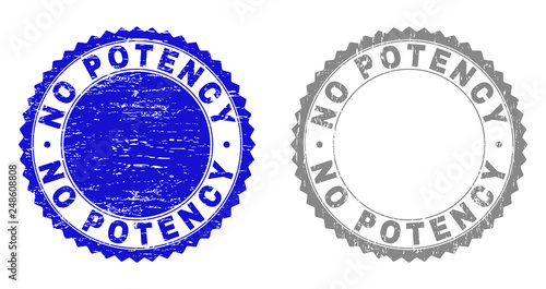Grunge NO POTENCY stamp seals isolated on a white background. Rosette seals with grunge texture in blue and gray colors. Vector rubber stamp imprint of NO POTENCY tag inside round rosette.