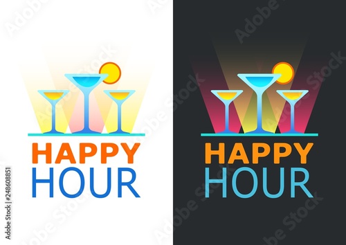 Happy hours poster. Vector illustration in sketch style for bar. Drink menu for celebration. Special offer.