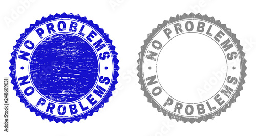 Grunge NO PROBLEMS stamp seals isolated on a white background. Rosette seals with grunge texture in blue and gray colors. Vector rubber stamp imitation of NO PROBLEMS text inside round rosette.