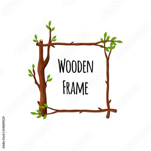 Square wooden frame of branches with green leaves isolated on white background, timbered border with place for text - flat vector illustration