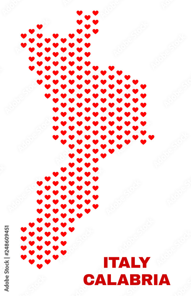 Mosaic Calabria region map of heart hearts in red color isolated on a white background. Regular red heart pattern in shape of Calabria region map. Abstract design for Valentine decoration.