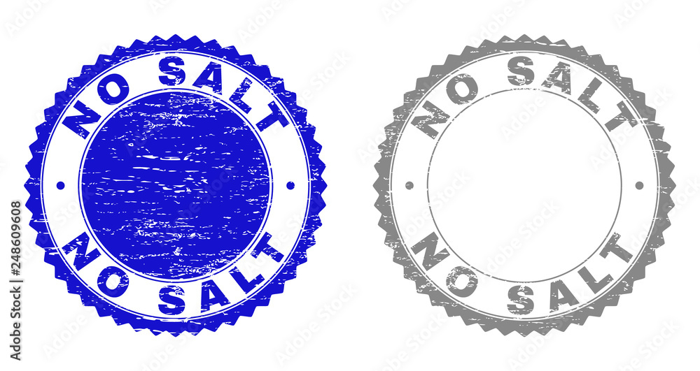 Grunge NO SALT stamp seals isolated on a white background. Rosette seals with grunge texture in blue and gray colors. Vector rubber stamp imprint of NO SALT label inside round rosette. Grunge NO SALT stamp seals isolated on a white background. Rosette seals with grunge texture in blue and gray colors. Vector rubber stamp imprint of NO SALT label inside round rosette.