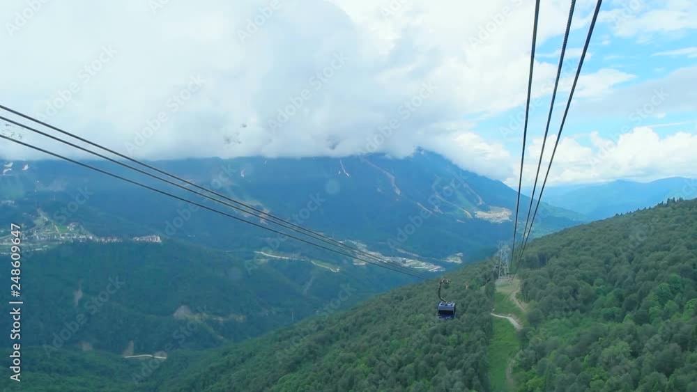cabin of ropeway passes over mountains around Rosa Khutor Alpine Resort ...