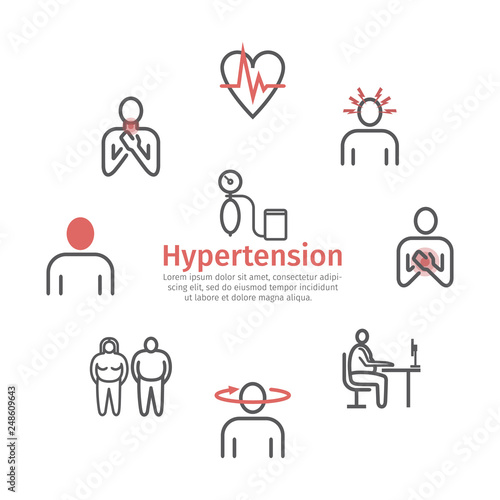 Hypertension banner. Symptoms, Treatment. Line icons set. Vector signs for web graphics.