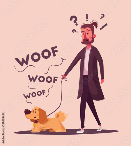 Man is walking with a dog. Cartoon vector illustration. Dog walker