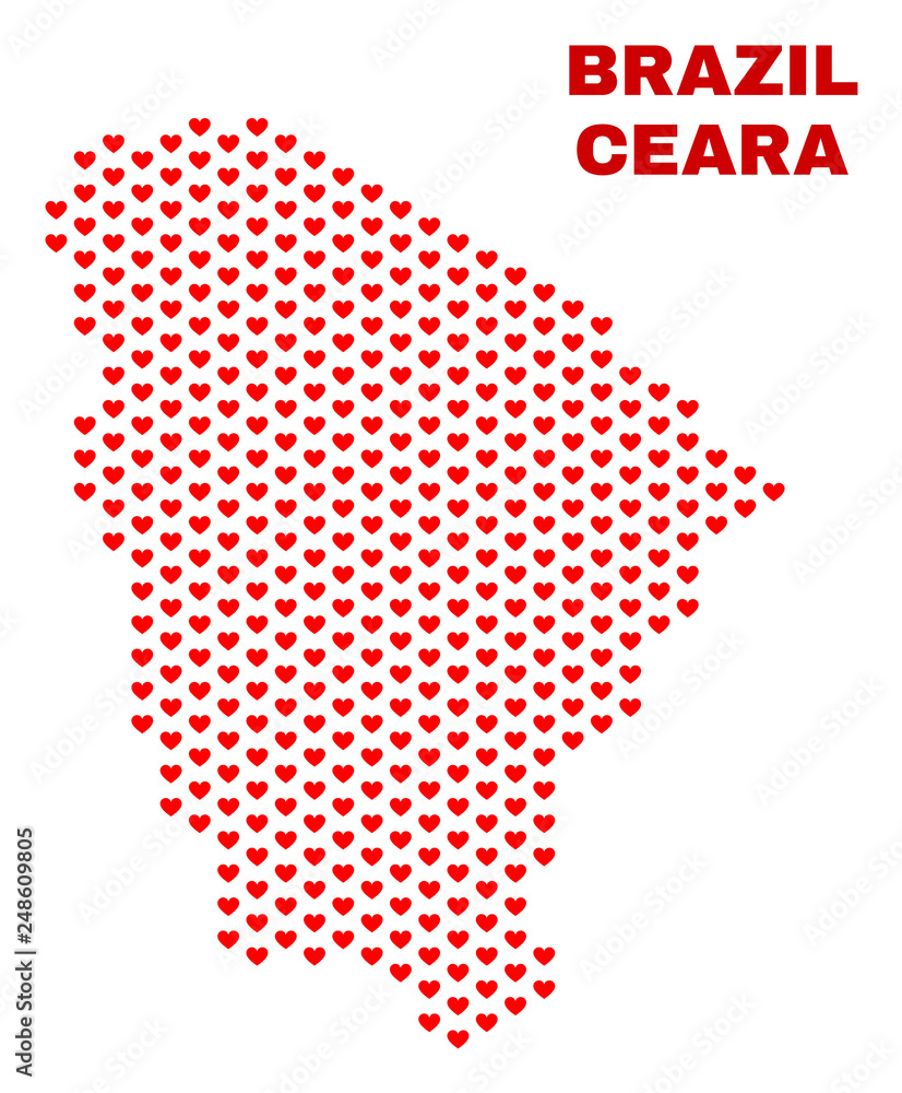 Mosaic Ceara state map of love hearts in red color isolated on a white background. Regular red heart pattern in shape of Ceara state map. Abstract design for Valentine illustrations.