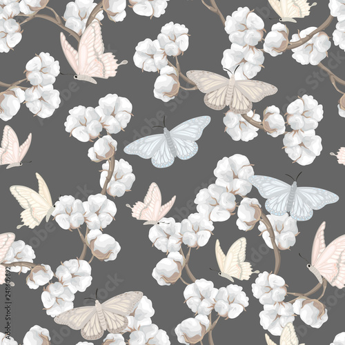 seamless pattern with butterflies and cotton flowers