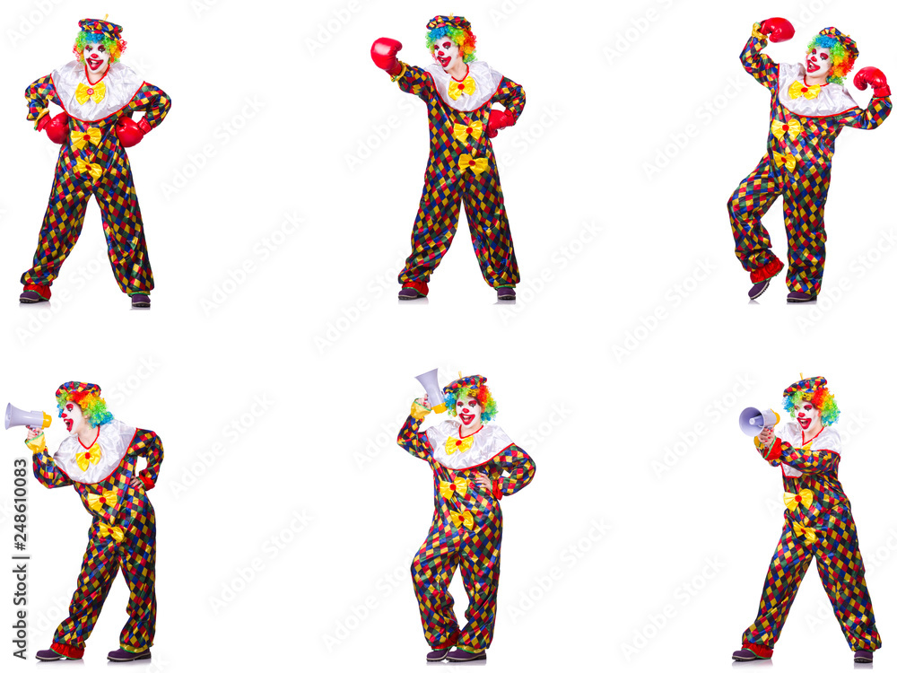 Funny male clown with boxing gloves and loudspeaker