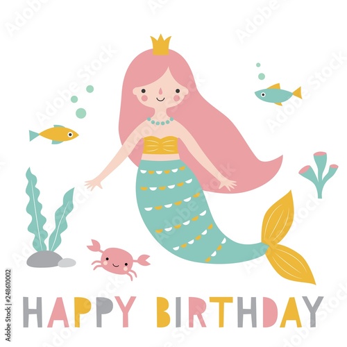 Birthday greeting card with a cute mermaid