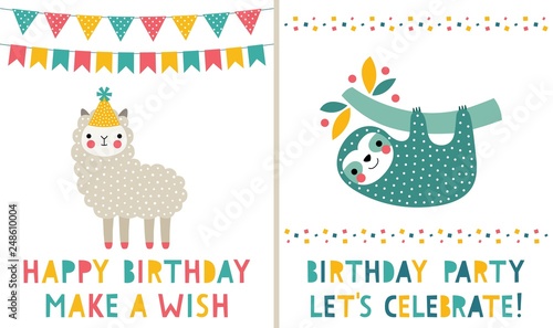Birthday  greeting cards set, cute sloth and lama