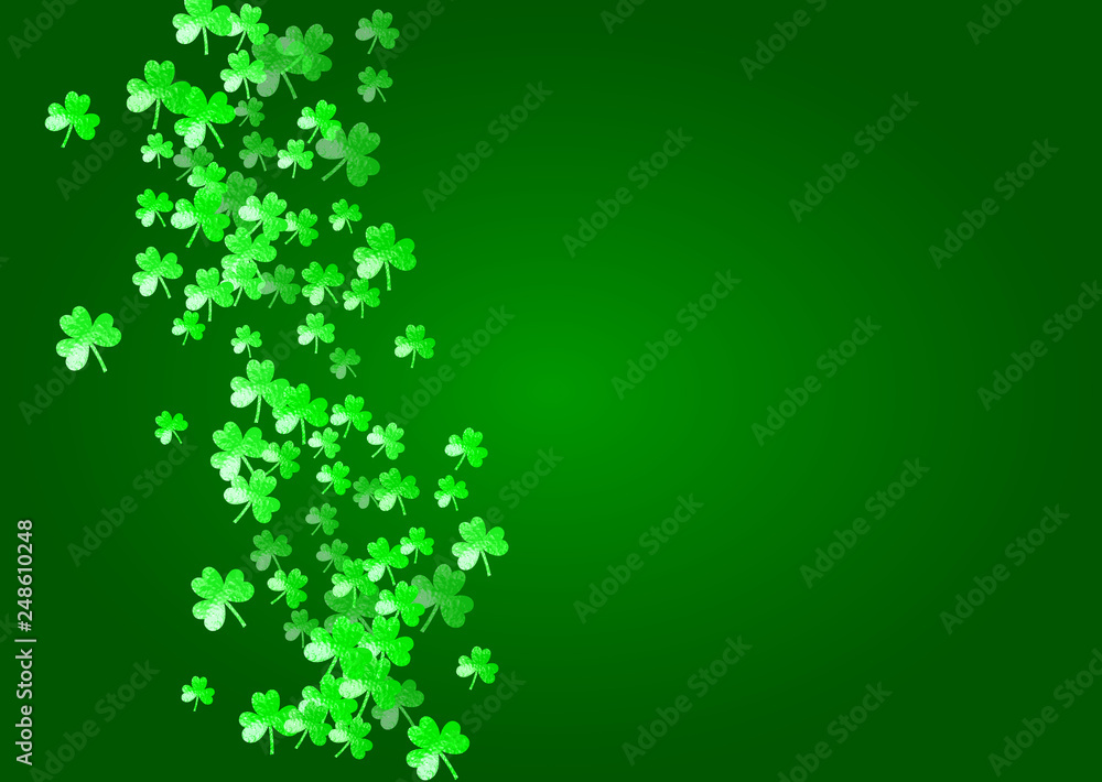 Saint patricks day background with shamrock. Lucky trefoil confetti. Glitter frame of clover leaves. Template for voucher, special business ad, banner. Happy saint patricks day backdrop.