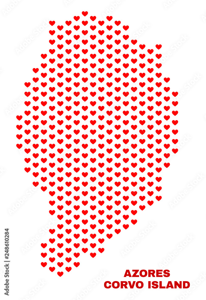 Mosaic Corvo Island map of love hearts in red color isolated on a white background. Regular red heart pattern in shape of Corvo Island map. Abstract design for Valentine decoration.