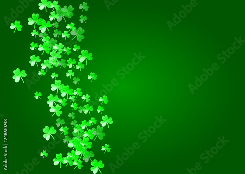 Saint patricks day background with shamrock. Lucky trefoil confetti. Glitter frame of clover leaves. Template for voucher  special business ad  banner. Happy saint patricks day backdrop.