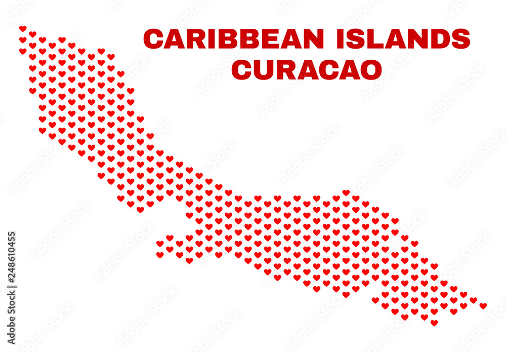 Mosaic Curacao Island map of valentine hearts in red color isolated on a white background. Regular red heart pattern in shape of Curacao Island map. Abstract design for Valentine decoration.
