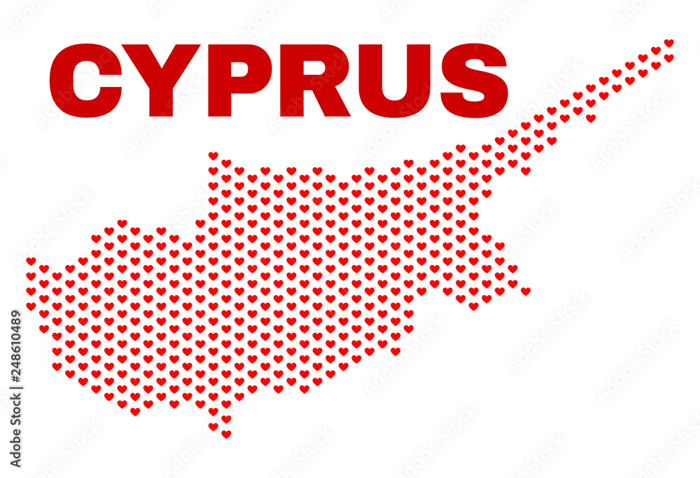 Mosaic Cyprus map of love hearts in red color isolated on a white background. Regular red heart pattern in shape of Cyprus map. Abstract design for Valentine illustrations.
