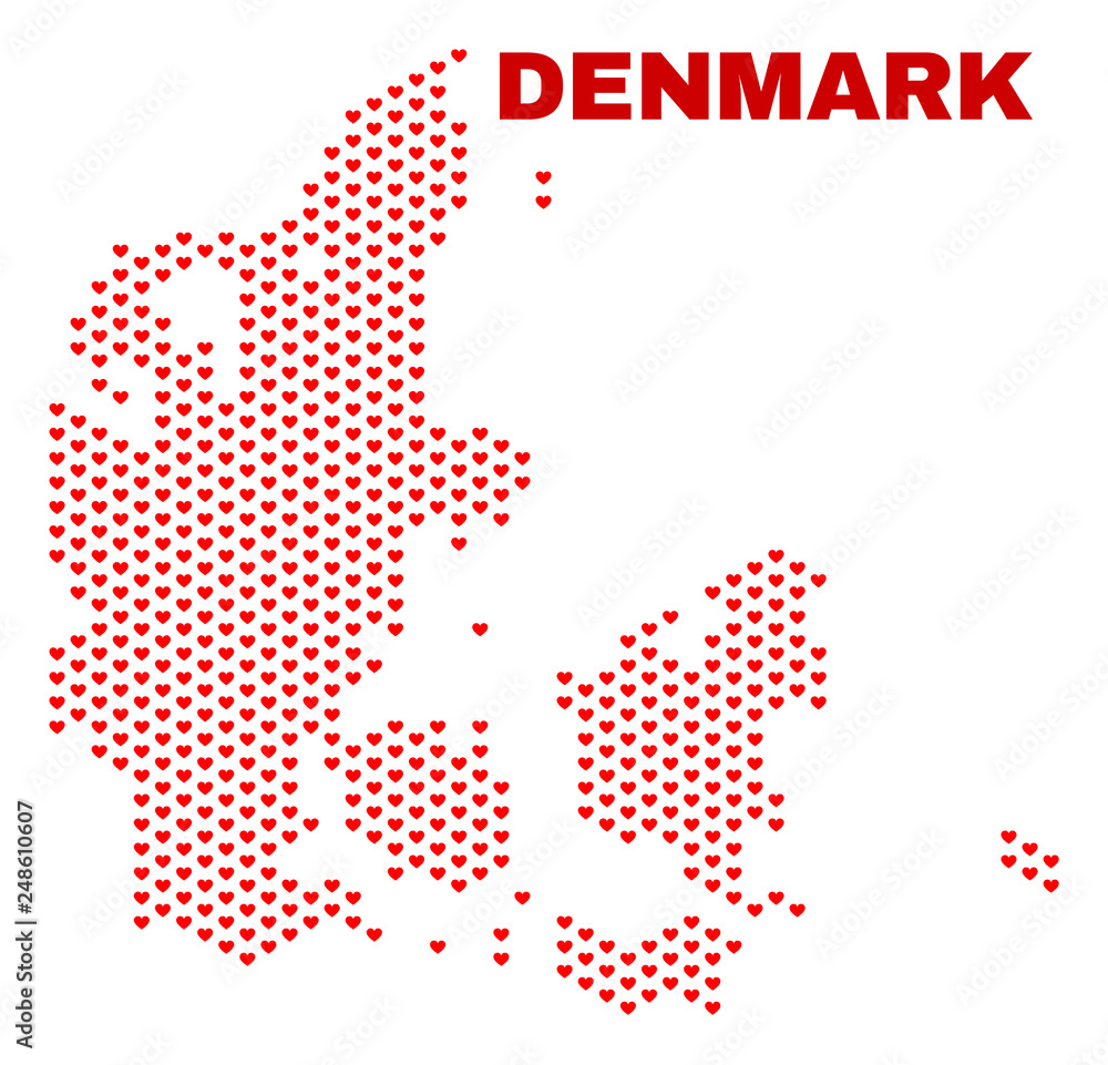Mosaic Denmark map of valentine hearts in red color isolated on a white background. Regular red heart pattern in shape of Denmark map. Abstract design for Valentine illustrations.