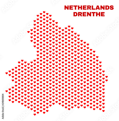 Mosaic Drenthe Province map of valentine hearts in red color isolated on a white background. Regular red heart pattern in shape of Drenthe Province map. Abstract design for Valentine illustrations.