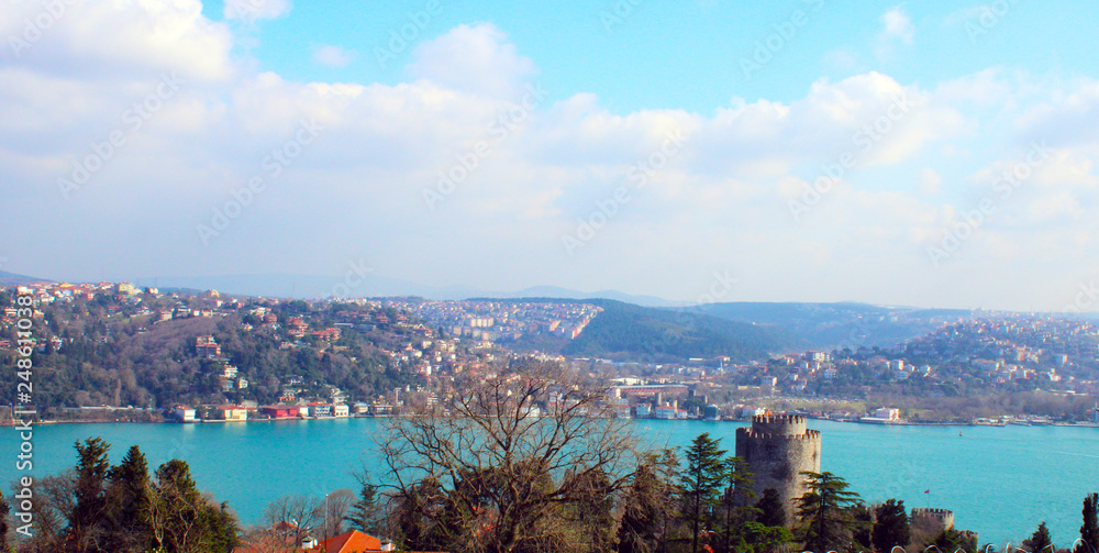 View of Istanbul Bosphorus and bridge, Rumeli Hisari town